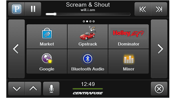:: Image of the Centrafuse front-end showing the screen layout used to select apps such as GPS, audio and phone.