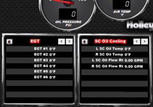 Screenshot of a Holley digital dashboard displaying engine and supercharger oil cooling system metrics. The panel shows real-time data for Exhaust Gas Temperature (EGT) across six cylinders and supercharger oil temperatures and flow rates for the left and right superchargers, all currently at 0°F and 0.00 GPM, respectively.