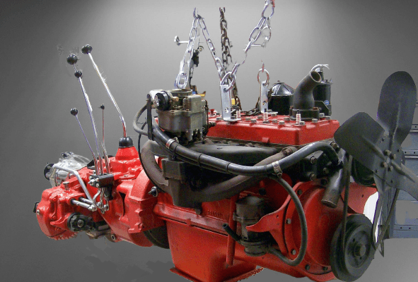 Original Willys Super Hurricane Engine with Borg Warner T98 Transmission Installed.