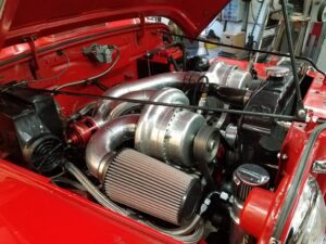 Twin Paxton supercharged Willys Utility Wagon engine compartment.
